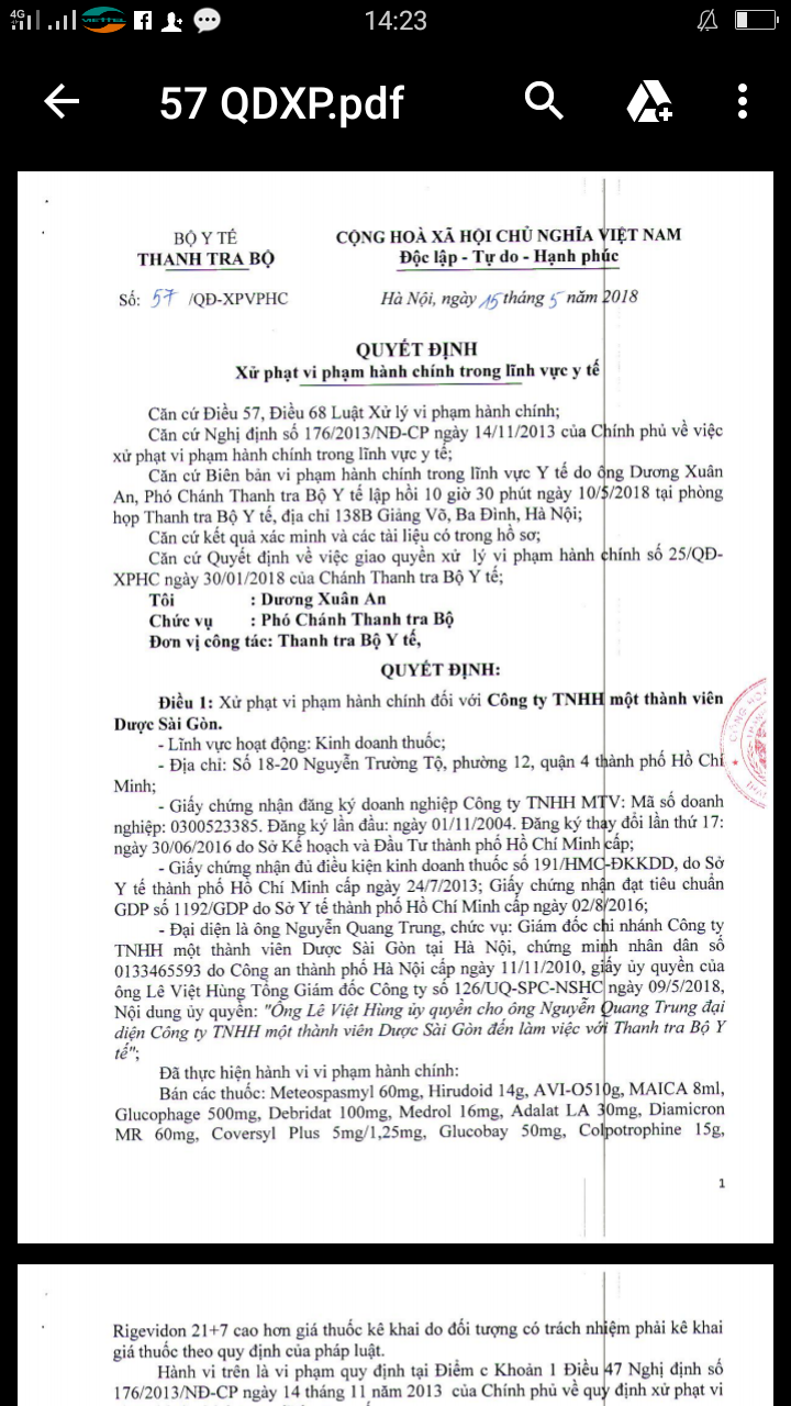 Thanh tra Bộ Y tế ra quyết định xử phạt Công ty TNHH MTV Dược Sài Gòn 30 triệu đồng. Thanh tra Bộ Y tế ra quyết định xử phạt Công ty TNHH MTV Dược Sài Gòn 30 triệu đồng.