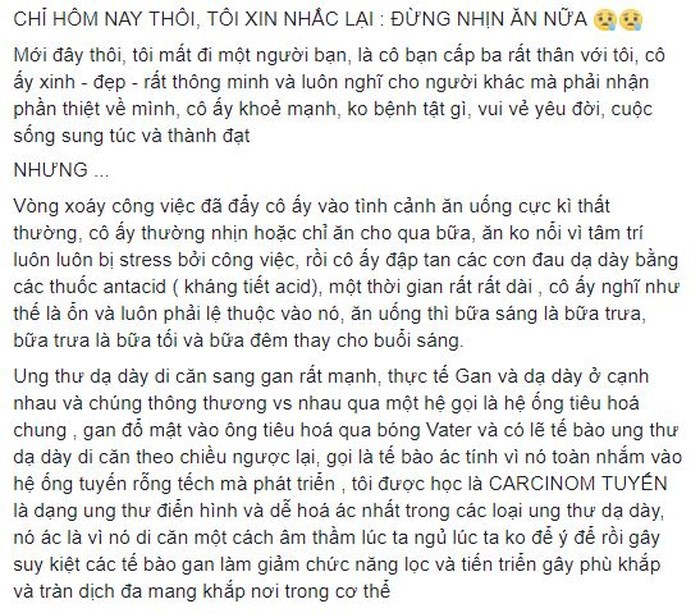 Chia sẻ của cô gái vừa mất đi người bạn thân vì nhịn ăn, stress trong khoảng thời gian dài dẫn đến ung thư đã thức tỉnh nhiều bạn trẻ. Chia sẻ của cô gái vừa mất đi người bạn thân vì nhịn ăn, stress trong khoảng thời gian dài dẫn đến ung thư đã thức tỉnh nhiều bạn trẻ.