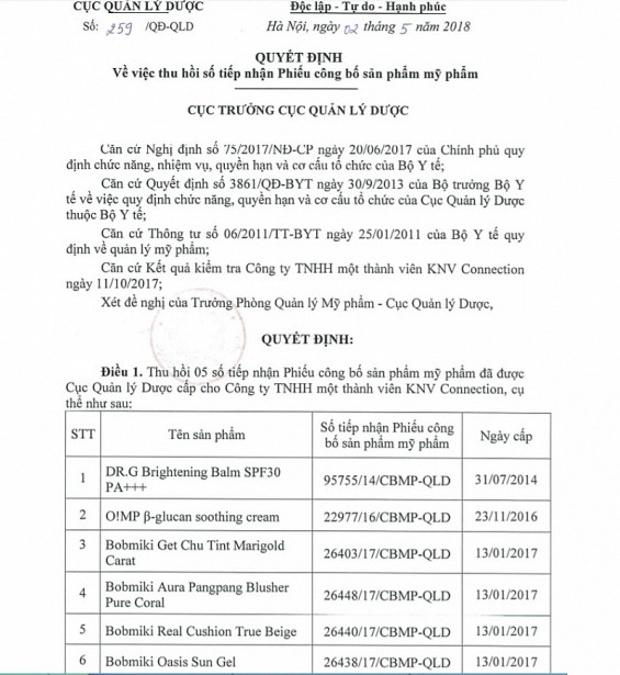 Thu hồi toàn quốc 6 loại mỹ phẩm của Công ty KNV Connection Thu hoi toan quoc 6 loai my pham cua Cong ty KNV Connection