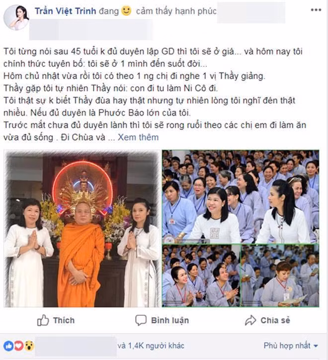 Việt Trinh tuyên bố: "Tôi sẽ ở một mình đến suốt đời".