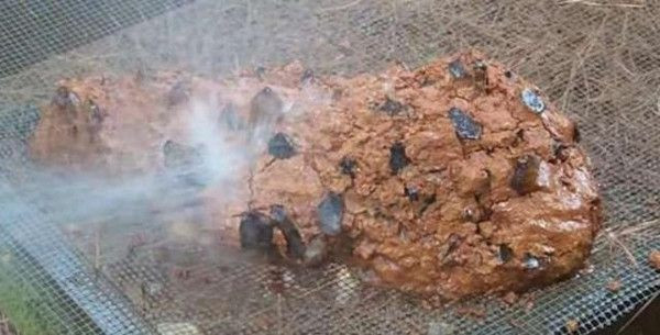 Trong lúc làm việc, một người đàn ông đã nhặt được khối đất lớn được đính rất nhiều viên đá màu nâu óng ánh bên vệ đường nên đã nhặt về và dùng nước rửa sạch.