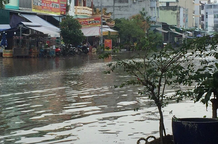 Ghi nhận của PV Kiến Thức, khoảng 6h sáng 10/10, tại hàng loạt tuyến đường như Huỳnh Tấn Phát (quận 7), Hồ Học Lãm (quận Bình Tân), Lê Văn Lương (huyện Nhà Bè)... triều cường dâng cao đã gây ra cảnh ngập nặng.