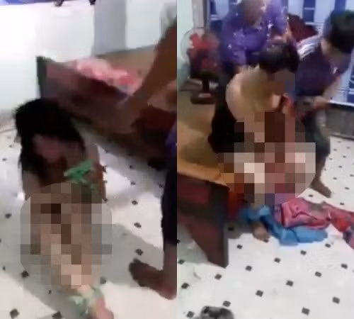 Hình ảnh ông Thi và bà P. bị đánh ghen, lột sạch quần áo trước đó.