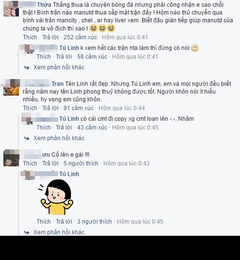 Cụ thể ngay sau trận thua gần nhất của MU, hot girl Nguyễn Tú Linh đã bị rất nhiều khán giả, fan yêu MU "khủng bố" Facebook bằng những dòng bình luận trách móc. Dù chỉ là người đảm nhận nhiệm vụ bình luận nhưng Tú Linh bị cho là "người đen đủi", hễ bình luận trận nào thì MU thua thảm trận đó. Thậm chí có bạn trẻ còn gọi là Tú Linh là "sao chổi" của MU, bới móc đủ các lỗi như: kiểu tóc, tên tuổi... của cô nàng "không hợp phong thủy" khiến đội bóng không có được sự may mắn, phải chịu thất bại liên tục.