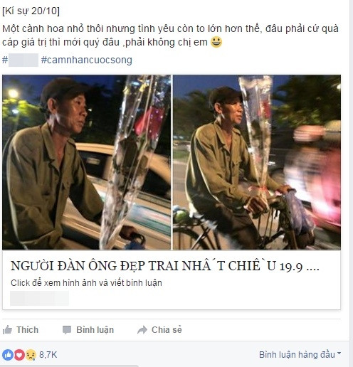 Người chồng trong câu chuyện trên vẫn chưa phải là đức lang quân duy nhất nhận được nhiều lời khen ngợi có cánh của các chị em phụ nữ trong một vài ngày gần đây. Vào chiều ngày 19/9, hình ảnh một người đàn ông lam lũ miệt mài đạp xe trong dòng người tấp nập, trên tay vẫn cầm bông hồng nhỏ mang về tặng vợ nhân ngày 20/10 đã làm hàng triệu trái tim dân mạng Việt lay động. Khác hẳn với nét mặt khắc khổ, thân hình gầy gò trên chiếc xe đạp cà tàng, gương mặt hân hoan của người đàn ông này khiến tất thảy mọi người cảm thấy ấm áp lạ kỳ.