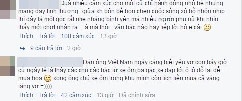 Khép lại những câu chuyện xúc động ngày 20/10 là sự thấu hiểu và đồng cảm của một lớp người trẻ. "Đàn ông Việt Nam ngày càng biết yêu vợ con, bây giờ cứ ngày lễ là thấy các chú các bác từ xe ôm, ba gác, xe đẹp tới ô tô đỗ lại để mua hoa, xong ông chú xe ôm trong khu mình còn tích tiền mua cả vàng tặng vợ", một tài khoản nam bình luận. Ảnh trong bài: Beat.vn.