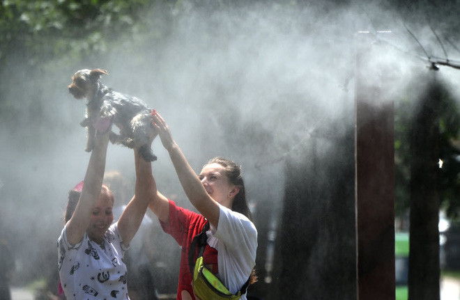 Các cô gái tắm mát cho chó dưới vòi phun sương dọc đường phố ở Kiev, Ukraine. (Nguồn Guardian)