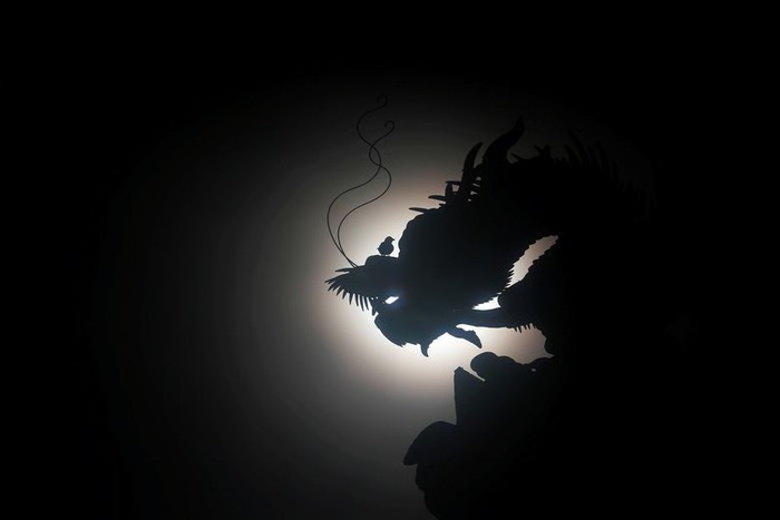 Chim đậu trên bức tượng hình rồng tại một ngôi đền ở thị trấn Budai, Đài Loan. (Nguồn Guardian)