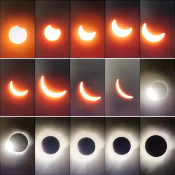 Toàn bộ quá trình xảy ra nhật thực từ lúc bắt đầu đến khi Mặt trăng hoàn toàn che phủ Mặt trời được ghi lại cẩn thận.