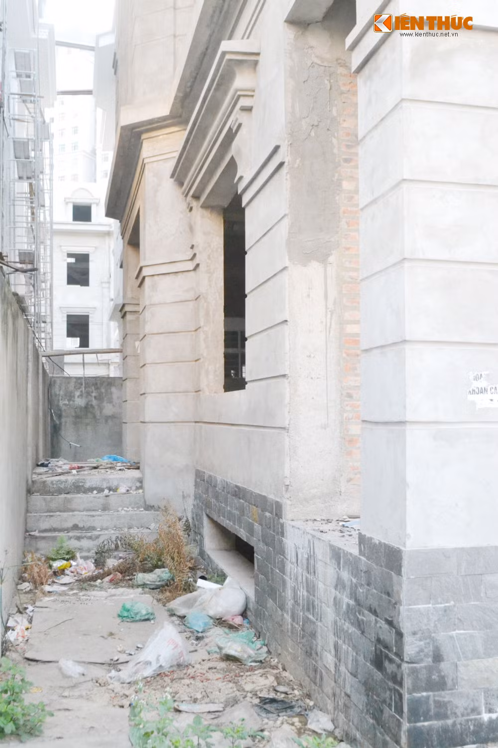 Cảnh bên trong khuôn viên một căn biệt thự là đầy rác và cỏ, rau dại mọc.