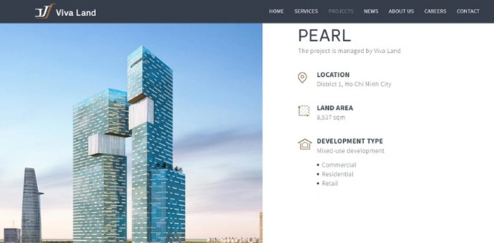 Trên website chính thức của Viva Land cũng đã đưa dự án này vào danh mục dự án đang phát triển, với tên gọi mới là Pearl. (Ảnh chụp màn hình).