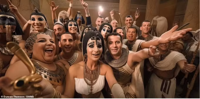 Trong bức hình do AI "biến tấu", Cleopatra trong tình thế thoải mái khi chụp selfie cùng người thân cận quanh mình.