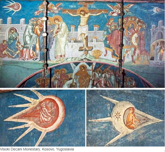 Có nhiều bức tranh và tác phẩm nghệ thuật từ thời cổ đại mô tả sự xuất hiện của người ngoài hành tinh hoặc vật thể bay không xác định trên bầu trời, như bức tranh Chúa Jesus bị đóng đinh với hình ảnh vật thể lạ trên bầu trời.