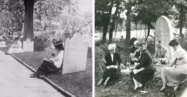 1. Trước đây, con người thường sử dụng nghĩa địa làm nơi giải trí. Có một sự thật là trong quá khứ, khi công viên còn ít và rải rác, người ta thường thư giãn tại nghĩa địa. Hình ảnh người đọc sách dựa vào bia mộ hoặc gia đình picnic bên cạnh ngôi mộ là phổ biến.
