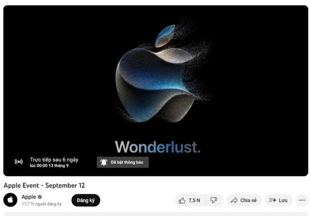 Sự kiện ra mắt dự kiến diễn ra vào ngày 12/9 theo giờ Thái Bình Dương, với livestream đếm ngược trên YouTube để giới thiệu iPhone 15.