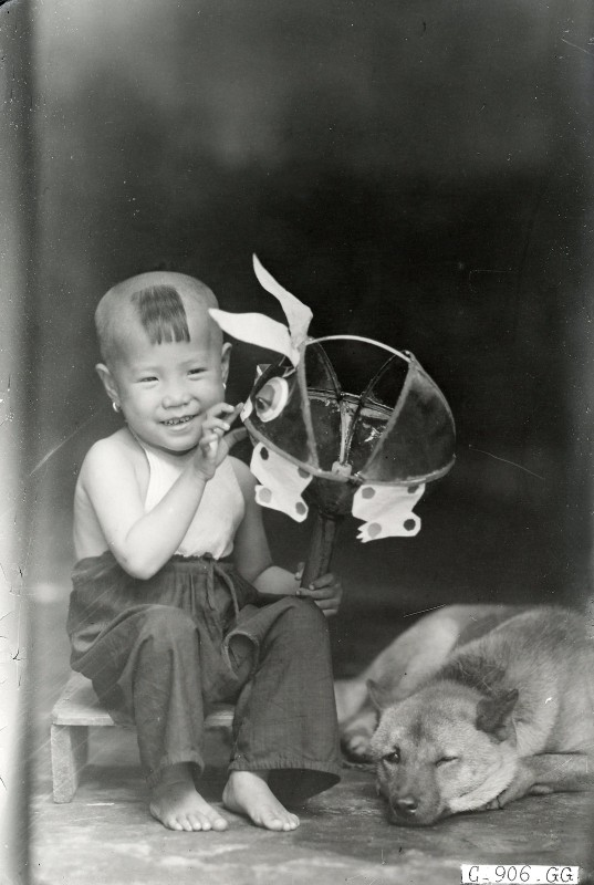 Bé gái Hà Nội cầm đèn con thỏ cười toe toét cạnh chú chó đam nằm lim dim.