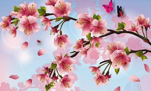 Tranh hoa anh đào tượng trưng cho sự tươi mới nên thích hợp treo trong phòng ngủ của vợ chồng mới cưới. Ảnh: Wallpapers.