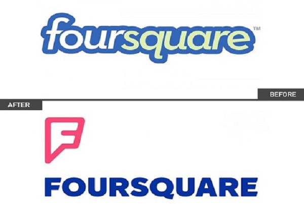 7. Foursquare: Đầu năm 2014, mạng xã hội địa điểm nổi tiếng Foursquare tiến hành thay đổi logo khi chuẩn bị tách dịch vụ thành hai ứng dụng riêng biệt: Swarm sẽ đảm nhận nhiệm vụ “check-in” còn Foursquare là nơi đưa ra các gợi ý về dịch vụ, quán ăn, các địa điểm giải trí... dựa trên đánh giá của người tiêu dùng cũng như các chuyên gia. Biểu tượng cũ gồm đầy đủ các chữ cái đã được thay đổi hoàn toàn, chỉ còn lại duy nhất 1 chữ “F” in hoa, phía trong màu trắng, phía ngoài có viền màu hồng đậm. Tuy đã rút gọn chữ để nhìn đơn giản, trẻ trung và “xì tin” hơn, nhưng giới trẻ không nhiều người hưởng ứng logo này. Họ cho rằng nó hoàn toàn “vô nghĩa”, nhìn giống 1 chiếc “đinh ghim” trên bản đồ. 