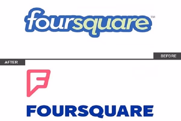 7. Foursquare: Đầu năm 2014, mạng xã hội địa điểm nổi tiếng Foursquare tiến hành thay đổi logo khi chuẩn bị tách dịch vụ thành hai ứng dụng riêng biệt: Swarm sẽ đảm nhận nhiệm vụ “check-in” còn Foursquare là nơi đưa ra các gợi ý về dịch vụ, quán ăn, các địa điểm giải trí... dựa trên đánh giá của người tiêu dùng cũng như các chuyên gia. Biểu tượng cũ gồm đầy đủ các chữ cái đã được thay đổi hoàn toàn, chỉ còn lại duy nhất 1 chữ “F” in hoa, phía trong màu trắng, phía ngoài có viền màu hồng đậm. Tuy đã rút gọn chữ để nhìn đơn giản, trẻ trung và “xì tin” hơn, nhưng giới trẻ không nhiều người hưởng ứng logo này. Họ cho rằng nó hoàn toàn “vô nghĩa”, nhìn giống 1 chiếc “đinh ghim” trên bản đồ. 