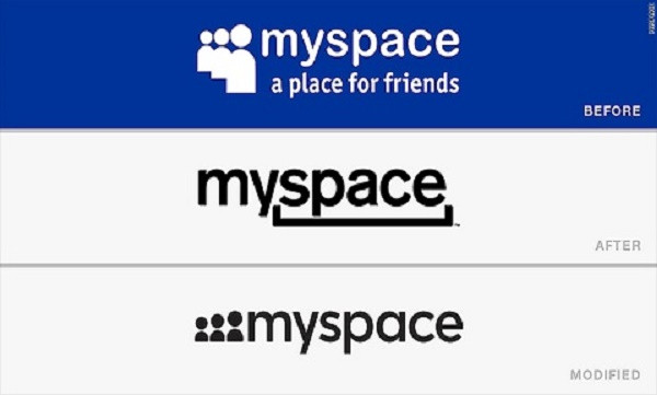 8. MySpace: Mạng xã hội đình đám một thời MySpace từng có đông người truy cập nhất thế giới, cho đến trước khi bị soán ngôi bởi Facebook năm 2008. Tháng 10/2010, MySpace cho ra mắt logo mới. Biểu trưng 3 hình người đứng cạnh nhau đã bị xóa. Thay vào đó có thêm 1 dấu ‘cách’ nằm dưới chữ ‘space’, tượng trưng cho “khoảng không gian để người dùng có thể làm bất cứ gì họ thích”. Tuy vậy, logo này đã bị chê là “ngu ngốc”, “mờ mịt”, khiến nhiều người cảm thấy chỉ được chừa ra 1 khoảng không rất nhỏ, không đủ để chat chit hay tán gẫu. Kết quả, đến tháng 9/2012, công ty này buộc phải thay đổi lại thiết kế về gần giống như trước khi số lượng thành viên của MySpace ngày càng giảm. 