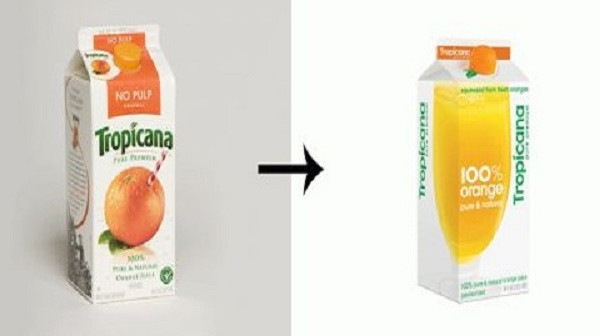 6. Tropicana: Đầu năm 2009, nhãn hiệu nước trái cây nổi tiếng Tropicana quyết định thay đổi logo mới trên vỏ bao bì. Biểu tượng cũ hình trái cam tươi chín mọng, căng tròn được cắm chiếc ống hút lệch quen thuộc đã bị thay thế thành một hình ảnh mới có màu vàng, hết sức trừu tượng và khó hiểu. Logo mới đã bị người dùng Internet phản đối mạnh mẽ, liên tục chê bai với các từ như “ngu ngốc”, “xấu xí”, “rẻ tiền” để mô tả. Sau chỉ 1 tháng dùng logo mới, doanh thu sụt giảm đến 20% khiến cho nhà sản xuất phải vội đổi về mẫu thiết kế cũ. 