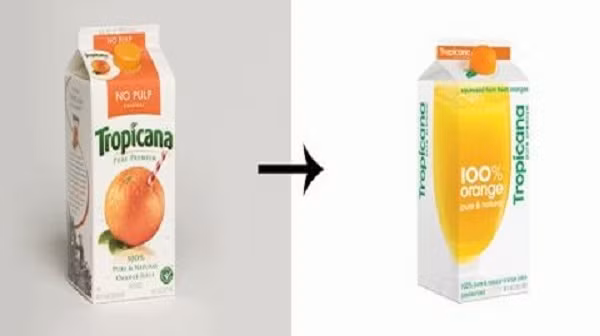 6. Tropicana: Đầu năm 2009, nhãn hiệu nước trái cây nổi tiếng Tropicana quyết định thay đổi logo mới trên vỏ bao bì. Biểu tượng cũ hình trái cam tươi chín mọng, căng tròn được cắm chiếc ống hút lệch quen thuộc đã bị thay thế thành một hình ảnh mới có màu vàng, hết sức trừu tượng và khó hiểu. Logo mới đã bị người dùng Internet phản đối mạnh mẽ, liên tục chê bai với các từ như “ngu ngốc”, “xấu xí”, “rẻ tiền” để mô tả. Sau chỉ 1 tháng dùng logo mới, doanh thu sụt giảm đến 20% khiến cho nhà sản xuất phải vội đổi về mẫu thiết kế cũ. 