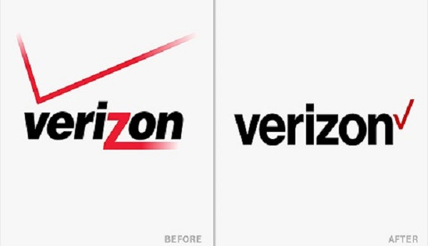 4. Verizon: Verizon được mệnh danh là nhà cung cấp dịch vụ viễn thông lớn nhất Hoa Kỳ. Verizon đã thay đổi logo của mình vào ngày 2/9/2015, chỉ sau Google đúng 1 ngày. Thiết kế mới vẫn chọn phông chữ cũ nhưng không in nghiêng. Chữ Z và dấu tick (chữ V) được thay đổi hoàn toàn so với logo cũ (trước đó riêng chữ Z có màu đỏ và kéo dài tạo cảm giác tốc độ cao, dấu tick mở rộng phía trên được bôi màu đỏ, mang ý nghĩa sự hiệu quả và hài lòng). Tuy vậy, nhiều người cảm thấy thất vọng vì logo mới thật sự kém ‘’chất’’ hơn logo cũ rất nhiều, nhìn đơn giản “quá mức” so với logo cũ. Logo mới bị coi như 1 bước đi lùi, khiến thương hiệu không còn nổi bật như xưa. 