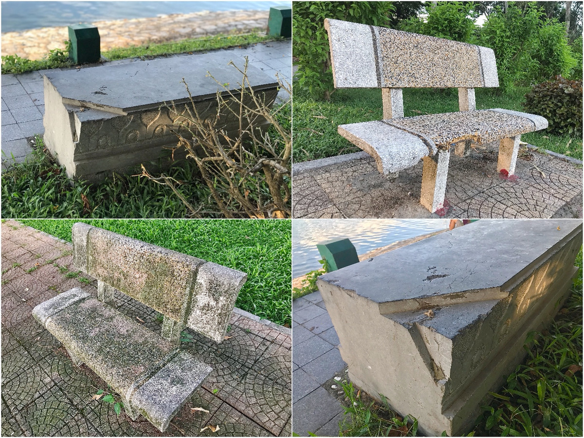 Rất nhiều ghế đá trong công viên đã sứt mẻ, nhếch nhác và xuống cấp.