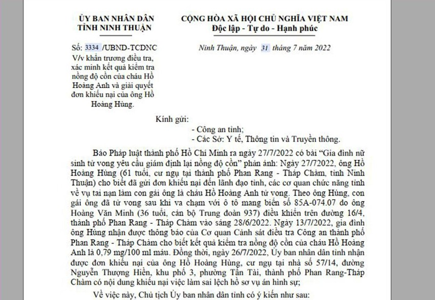 Ngày 31/7, UBND tỉnh Ninh Thuận ký văn bản, yêu cầu các đơn vị liên quan khẩn trương điều tra, xác minh, giải quyết đơn khiếu nại của ông Hồ Quang Hùng. (Ảnh: Pháp luật HCM)