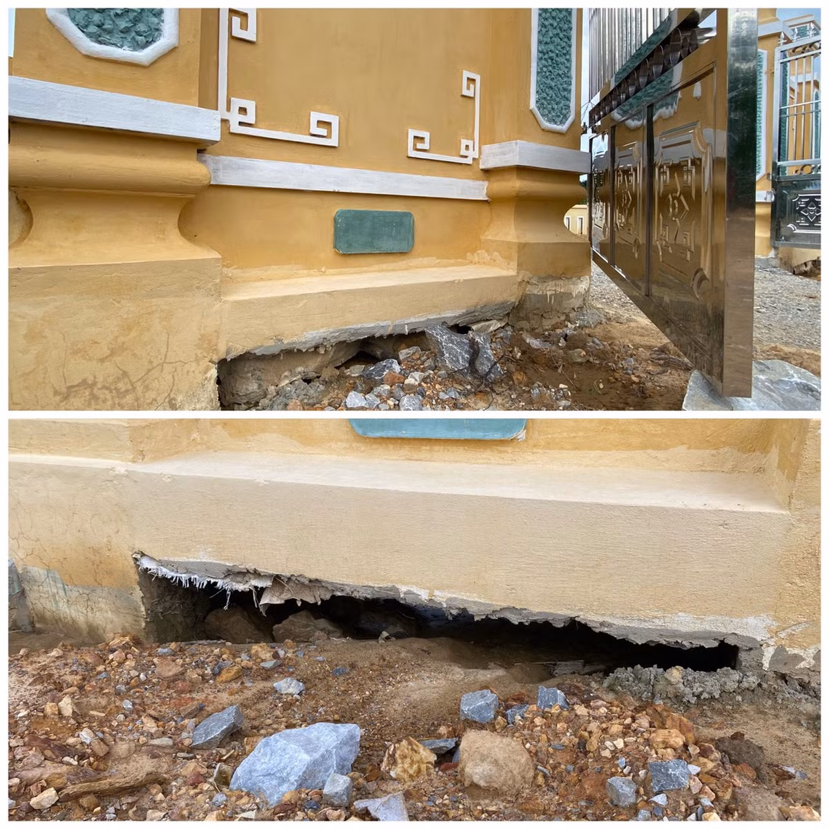 Xuất hiện lỗ hổng lớn ngay phía móng hàng rào trước cổng di tích