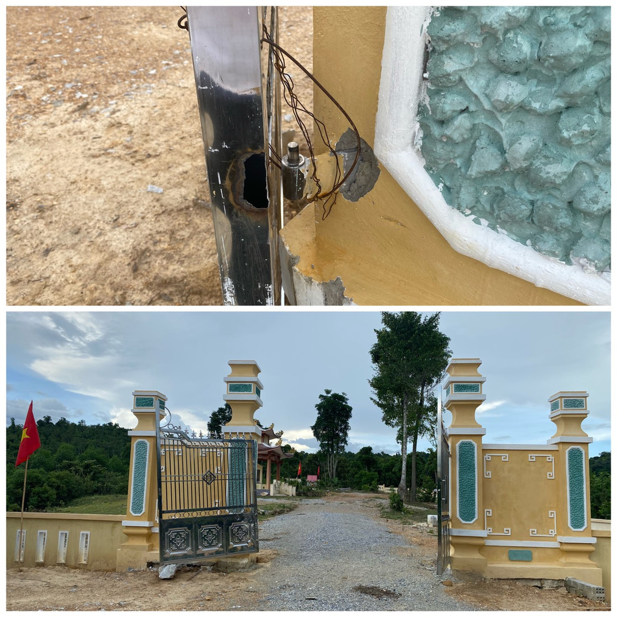 Cổng vào di tích sớm bị hỏng, không thể khép lại, phía dưới cánh cổng được kê bởi 1 viên đá lớn để tránh chiếc cổng này rơi xuống.