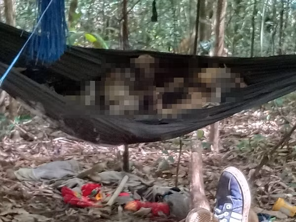 Toan canh vu 2 thi the tro xuong nam tren vong giua rung sau