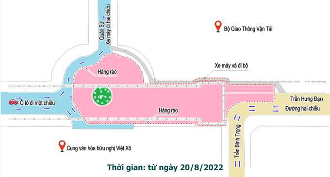Sơ đồ phân luồng, tổ chức giao thông được áp dụng thử nghiệm từ ngày 20/8 trên phố Trần Hưng Đạo (Ảnh: MRB).
