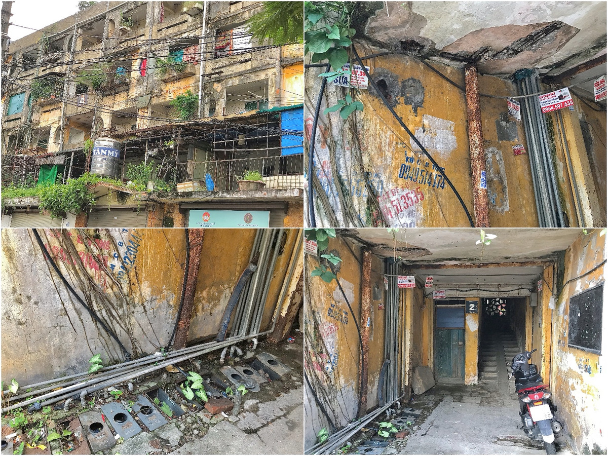 Phía bên trong khu chung cư, tường sơn bong tróc, nhiều nơi rêu bụi bám đầy, màu sơn vàng cam đã ngả ố sang màu nâu đen.