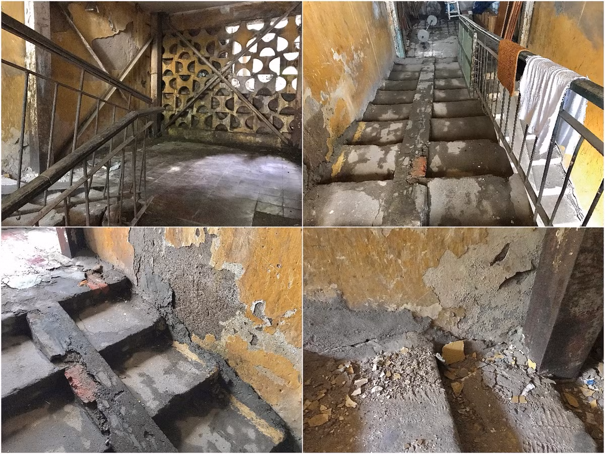 Dễ nhận thấy nhất về sự xuống cấp nghiêm trọng của khu tập thể là hệ thống cầu thang với những đường nứt toác chạy dài, gây cảm giác bất an khi đi lại.