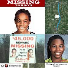 Theo thông tin điều tra, Asha Degree mất tích trong khoảng 2h30-5h45 ngày 14/2/2000. Trước đó, vào lúc 2h30, cha của Asha, ông Harold, đã kiểm tra phòng của các con và lúc đó cả 2 vẫn ngủ say. Sau khi chắc chắn các con đã an giấc, ông trở về phòng cùng vợ mình.