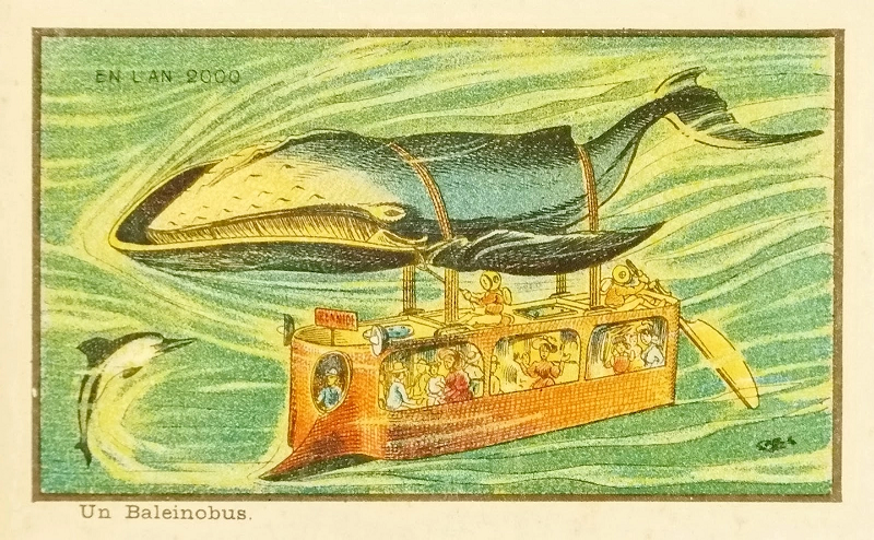 Bức tranh cho thấy cảnh tượng một chú cá voi - loài động vật có vú khổng lồ và bí ẩn của thời xưa - đã trở nên quen thuộc với đời sống con người trong tương lai, thậm chí còn tham gia chở khách dưới lòng biển.