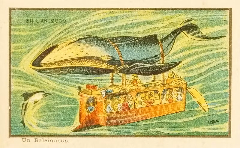 Bức tranh cho thấy cảnh tượng một chú cá voi - loài động vật có vú khổng lồ và bí ẩn của thời xưa - đã trở nên quen thuộc với đời sống con người trong tương lai, thậm chí còn tham gia chở khách dưới lòng biển.