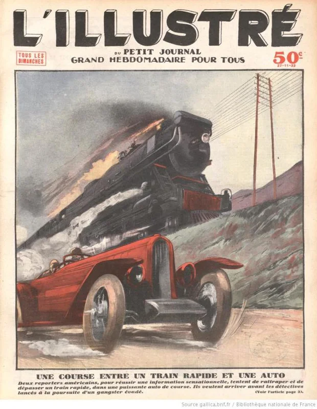 Họa sĩ Pháp đã tưởng tượng ra một màn rượt đuổi ngoạn mục giữa một chiếc ô tô khủng với một đoàn tàu hỏa – phương tiện được cho là di chuyển nhanh nhất thời bấy giờ. Ngồi trên xe là các phóng viên, họ đuổi theo đoàn tàu nhằm thu được những thông tin giật gân về những tên cướp ở trên đoàn tàu đó.