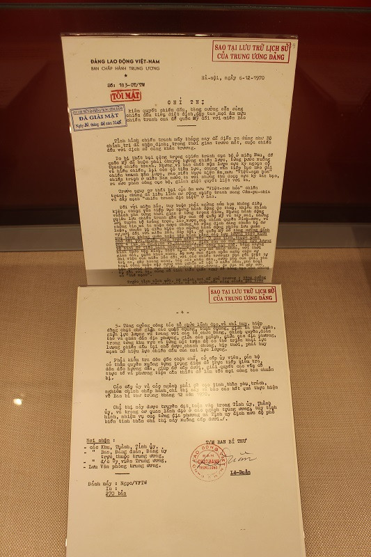 Chỉ thị số 183-CT/TW ngày 06/12/11970 của Ban Bí thư về kiên quyết chiến đấu, tăng cường sẵn sàng chiến đấu tiêu diệt địch, đập tan mọi âm mưu chiến tranh của đế quốc Mỹ đối với miền Bắc.