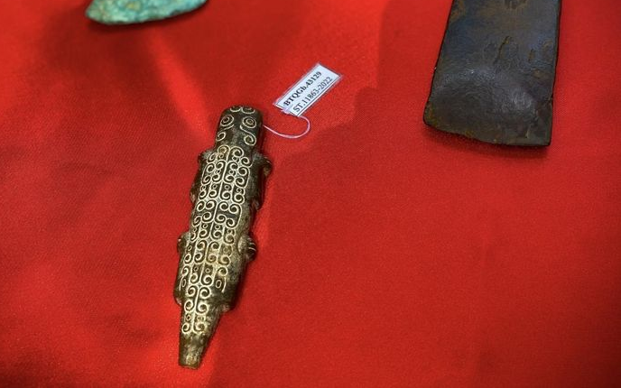 Tượng cá sấu bằng đá, trên lưng trang trí hồi văn, được xác định niên đại Đông Sơn muộn thế kỷ 1 - 2 Sau Công nguyên.