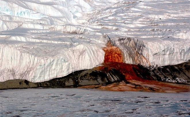 Sự tương phản giữa màu trắng xanh của băng và màu đỏ máu của nước khiến ngọn thác trông như một con quái vật bị phong ấn trong băng.