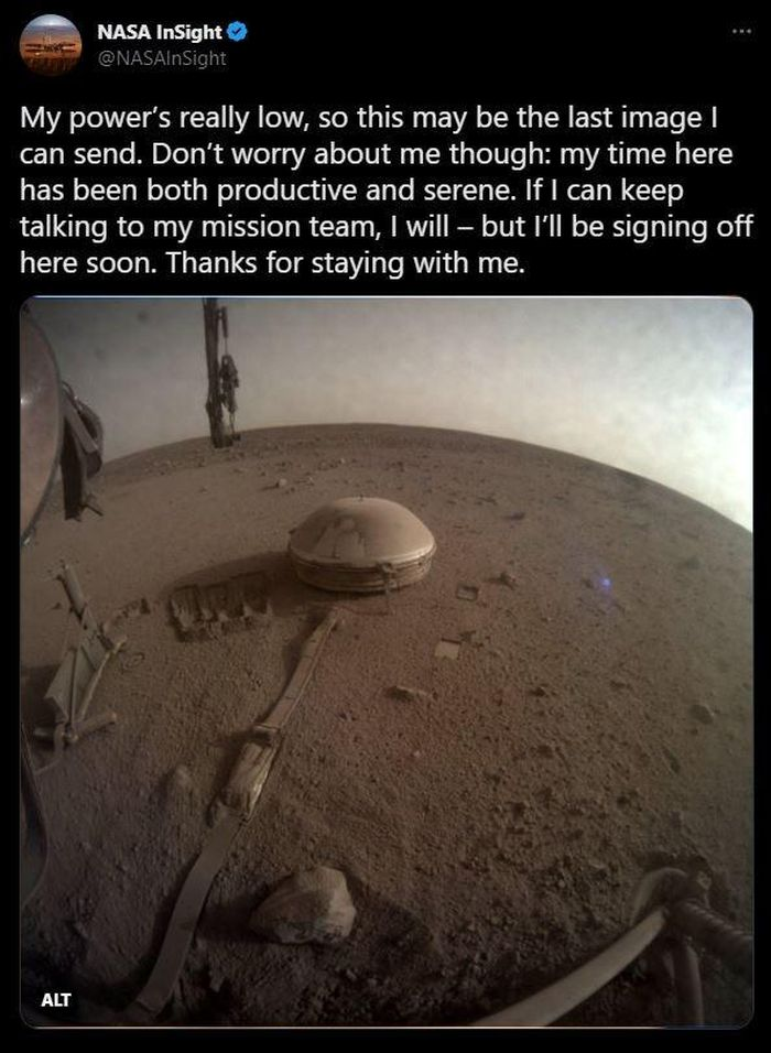 Hiện “lời từ biệt” của InSight kèm theo bức ảnh chụp Hỏa tinh sau trận bão bụi khổng lồ được phát hiện hôm 21/9, đã nhận được hơn 545.000 lượt thích và 58.600 lượt chia sẻ trên Twitter.