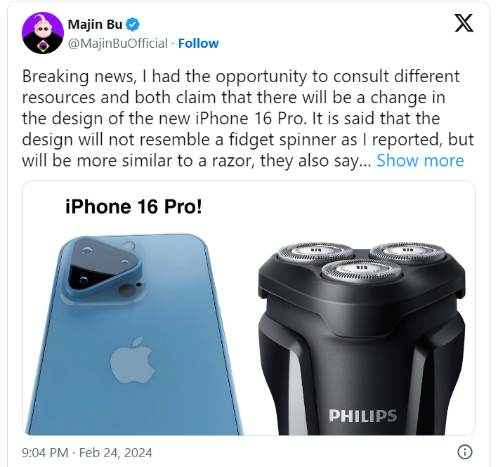 Theo Majin Bu, bố cục của cụm camera sau trên iPhone 16 Pro sẽ rất giống với biểu tượng hình tam giác của Google Play - cửa hàng ứng dụng của Google.