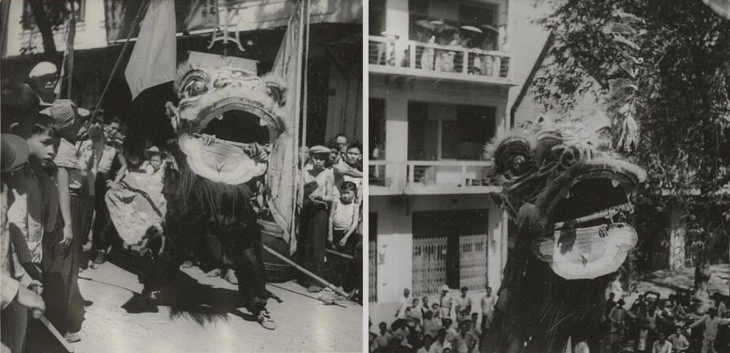 Trẻ em thích thú xem múa lân ngày Tết Nguyên đán.