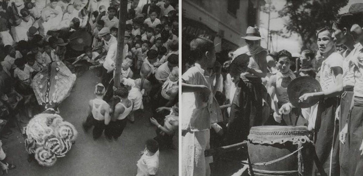 Vào dịp Tết Nguyên đán, những màn biểu diễn múa lân trên đường phố Sài Gòn thu hút đông người dân tới xem. Ảnh chụp vào những năm 1940 - 1949.