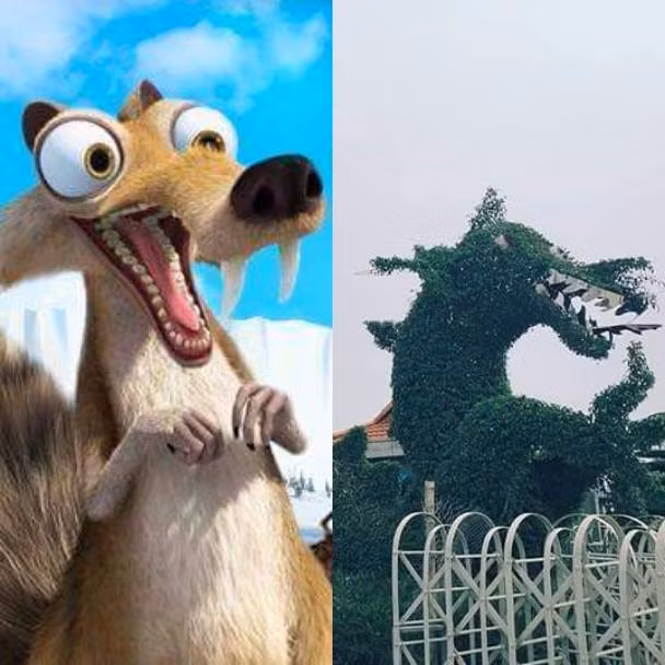 Ở góc nhìn nghiêng, một số bạn trẻ nhận định rồng Thanh Hóa được lấy ý tưởng từ nhân vật Scrat (trái) trong Kỷ Băng Hà. Ảnh: Gà Thổ Cẩm.