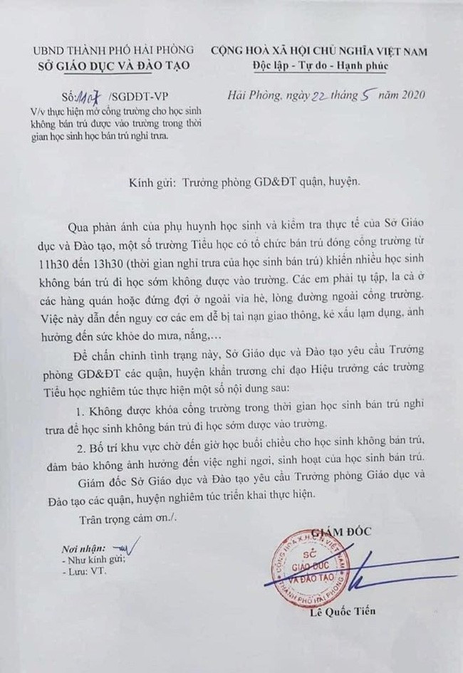 Hai Phong: Yeu cau cac truong tieu hoc bo tri noi don hoc sinh di hoc som