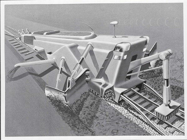 Robot thi công đường ray xe lửa năm 1975, sẽ "thực hiện tất cả các công việc xây dựng và sửa chữa", cả quy trình cơ sở hạ tầng lớn cũng sẽ được cải thiện thông qua tự động hóa.