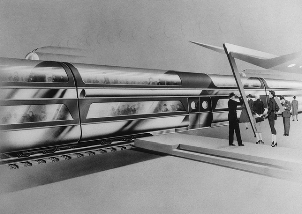 Trong ảnh, là ý tưởng về một đoàn tàu năng lượng nguyên tử 2 tầng cực kỳ hoành tráng của các kỹ sư năm 1955.
